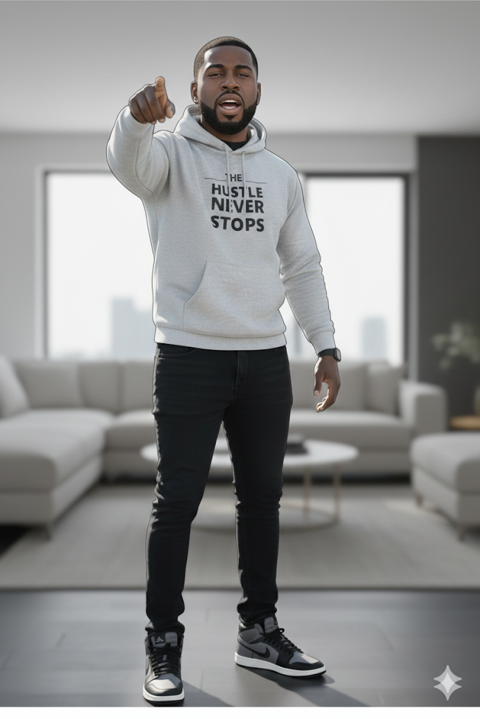 Mindset Collection Unisex Hoodie – "The Hustle Never Stops" Grey Heavyweight Pullover