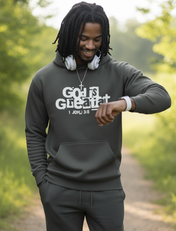 God Is Greater 1 John 4:4 Graphic Hoodie - Charcoal