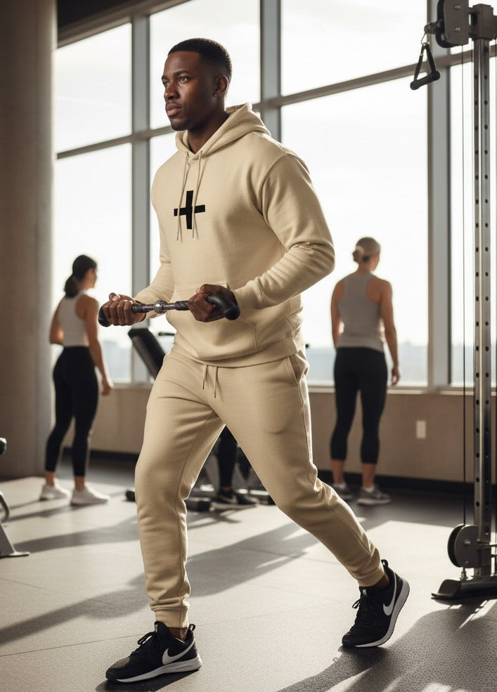 Minimalist Christian Cross Graphic Hoodie - Sand Beige Following the streetwear look of your previous item, this design also utilizes the popular back-print graphic style and features the highly searched protective scripture from Psalm 118:5-
