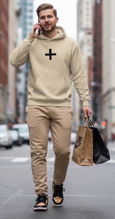 Minimalist Christian Cross Graphic Hoodie - Sand Beige Following the streetwear look of your previous item, this design also utilizes the popular back-print graphic style and features the highly searched protective scripture from Psalm 118:5-