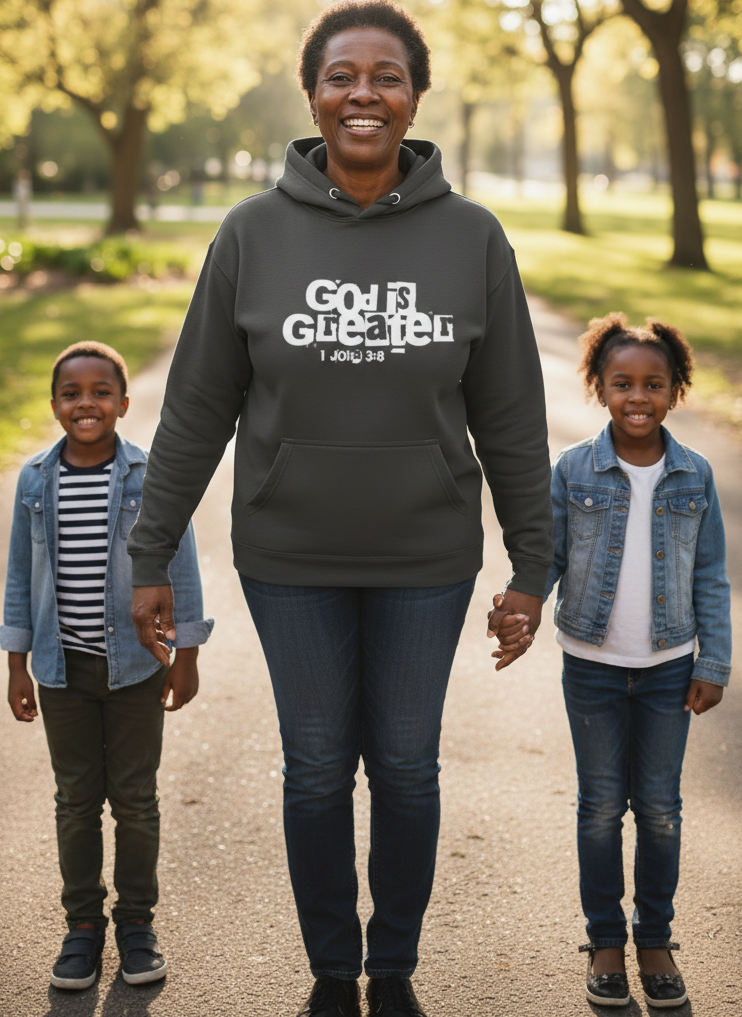 God Is Greater 1 John 4:4 Graphic Hoodie - Charcoal