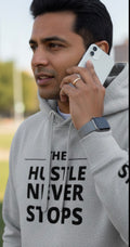 Mindset Collection Unisex Hoodie – "The Hustle Never Stops" Grey Heavyweight Pullover