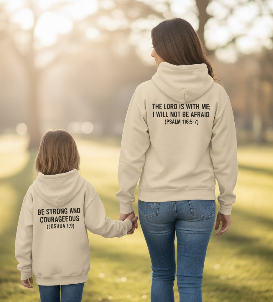 Minimalist Christian Cross Graphic Hoodie - Sand Beige Following the streetwear look of your previous item, this design also utilizes the popular back-print graphic style and features the highly searched protective scripture from Psalm 118:5-