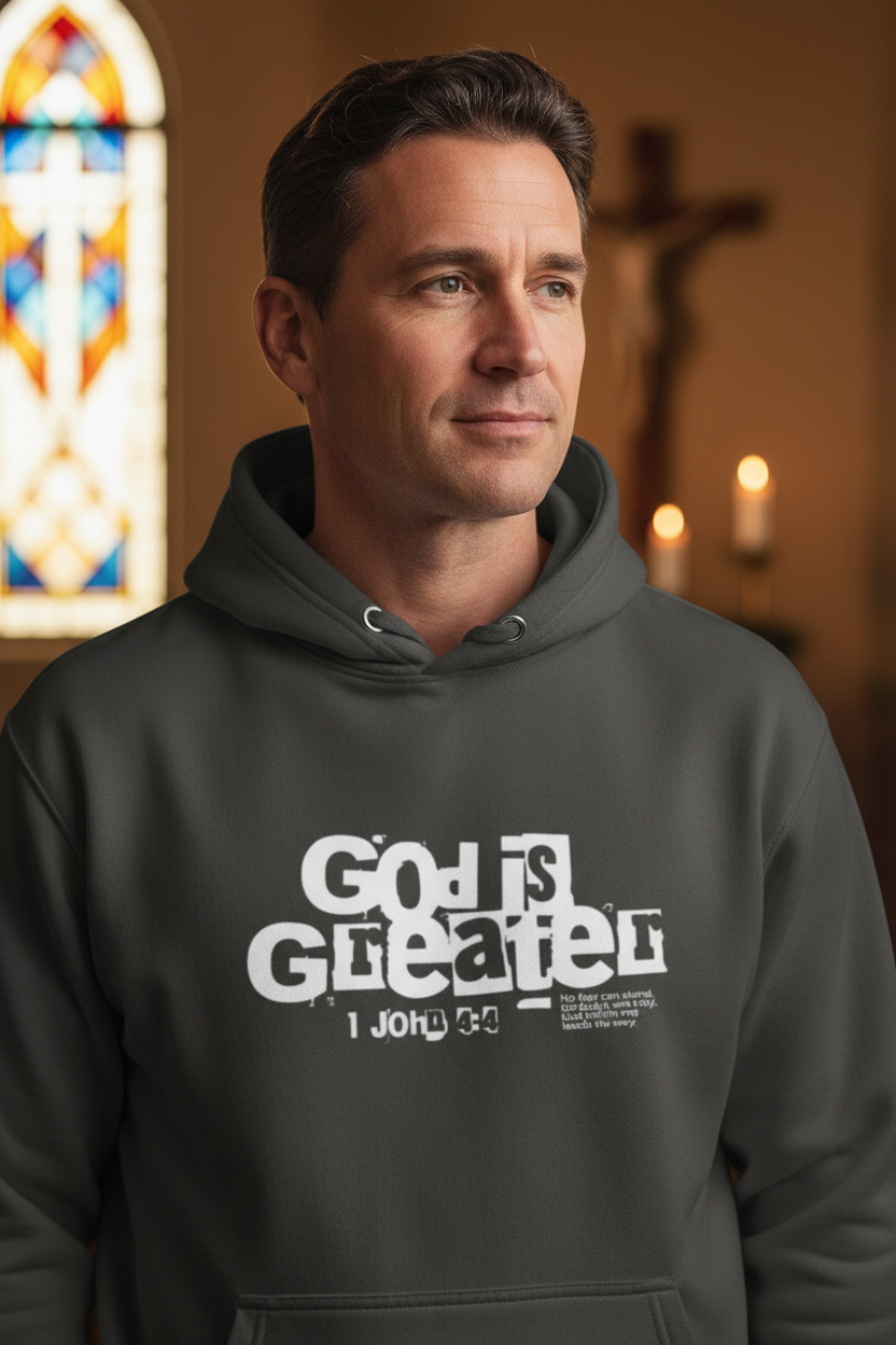 God Is Greater 1 John 4:4 Graphic Hoodie - Charcoal