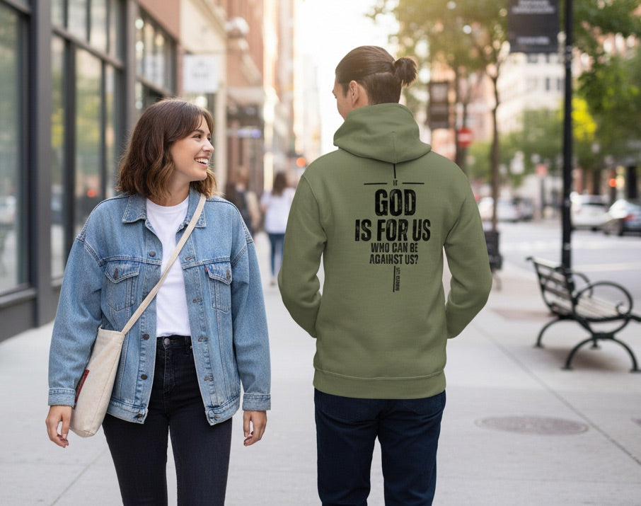 Mindset Collection– "God Is For Us" Olive Green Heavyweight Pullover Shop our "The Lord Is With Me" Psalm 118 front and back graphic hoodie