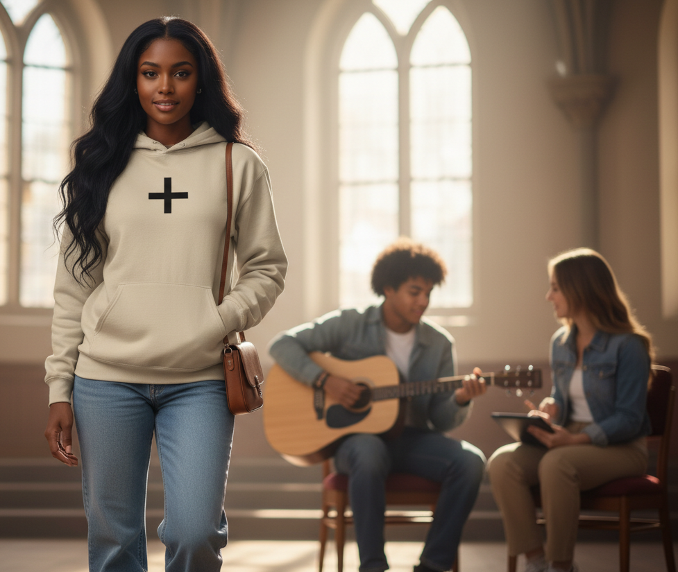 Minimalist Christian Cross Graphic Hoodie - Sand Beige Following the streetwear look of your previous item, this design also utilizes the popular back-print graphic style and features the highly searched protective scripture from Psalm 118:5-