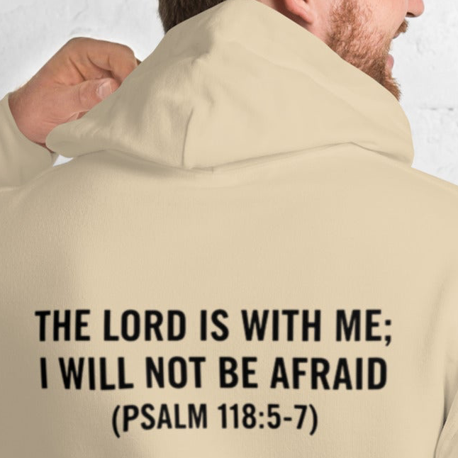 Minimalist Christian Cross Graphic Hoodie - Sand Beige Following the streetwear look of your previous item, this design also utilizes the popular back-print graphic style and features the highly searched protective scripture from Psalm 118:5-