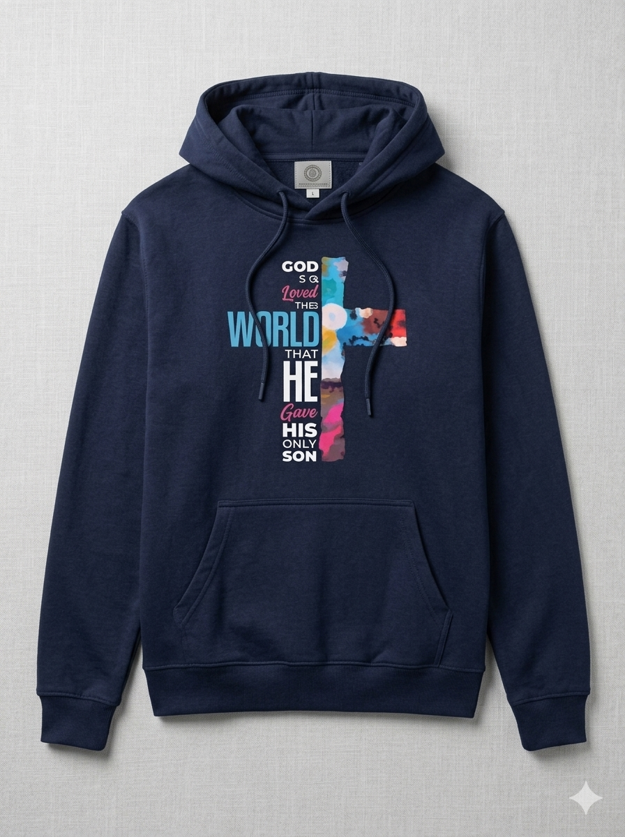 John 3:16 God So Loved The World Graphic Hoodie - Navy Blue
