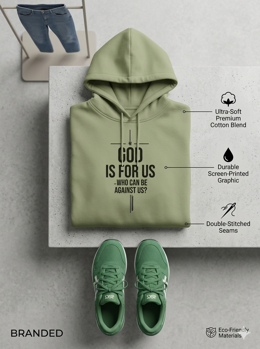 Mindset Collection– "God Is For Us" Olive Green Heavyweight Pullover Shop our "The Lord Is With Me" Psalm 118 front and back graphic hoodie